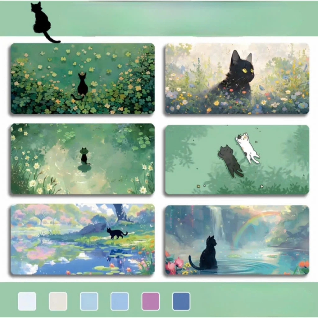 Lót Chuột Mèo Dễ Thương Cảnh Thiên Nhiên – Mousepad Cỡ Lớn 70x30/80x30/90x40cm, Đế Cao Su Chống Trượt