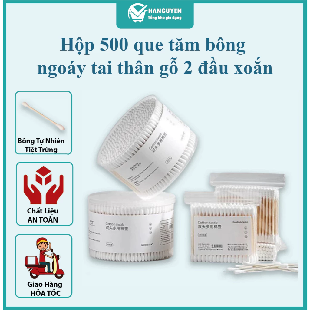Hộp 500 que tăm bông ngoáy tai - thân gỗ 2 đầu xoắn, tiệt trùng, thân thiện môi trường