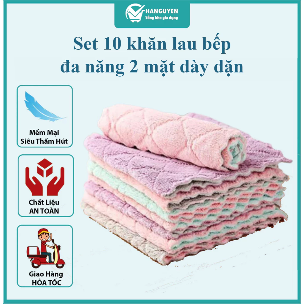 Set 10 khăn lau bếp đa năng 2 mặt dày dặn - siêu thấm hút, mềm mịn, tiện lợi