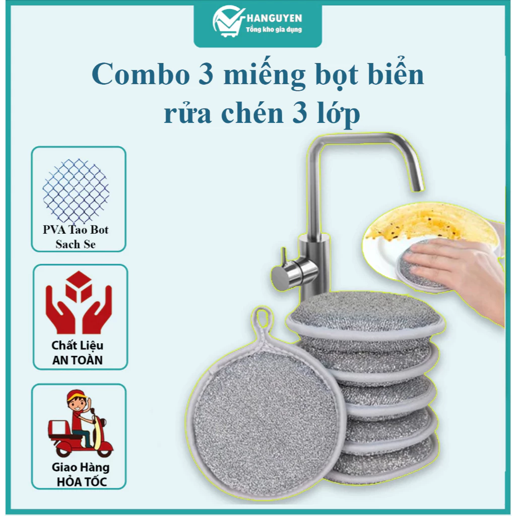Combo 3 miếng bọt biển rửa chén 3 lớp - giẻ cọ xoong nồi đa năng tạo bọt tiện lợi #A257