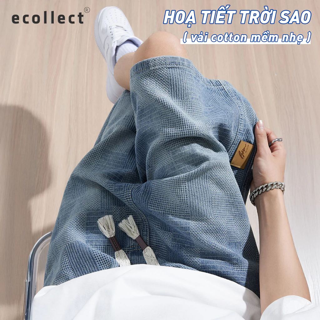 Quần Short Jean Nam Ecollect QS26 – Denim Mềm Mại Họa Tiết Trời Sao, Thoáng Khí, Phom Rộng Phong Cách Hè