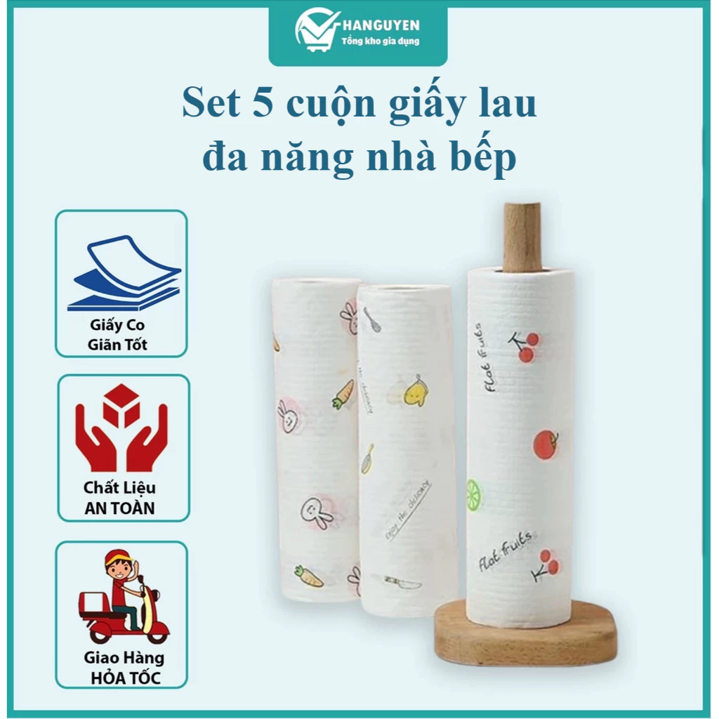 Set 5 cuộn giấy lau đa năng nhà bếp - khăn giấy thấm dầu mỡ, giặt và tái sử dụng được