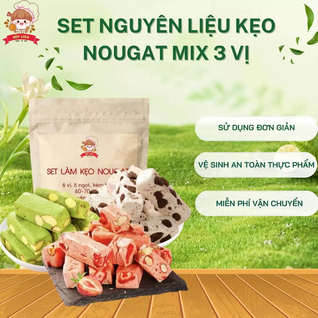 Set nguyên liệu làm kẹo nougat mix 3 vị thơm ngon hảo hạng kèm túi gói và giấy gạo (không bơ) - Bếp Lisa