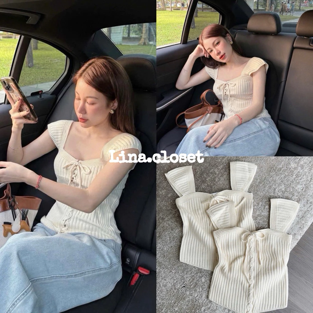 (Hàng QCCC) Áo 2 Dây Len Dệt Kim Màu Be Cánh Tiên Đan Dây Trước Sang Chảnh Dáng Croptop AH880