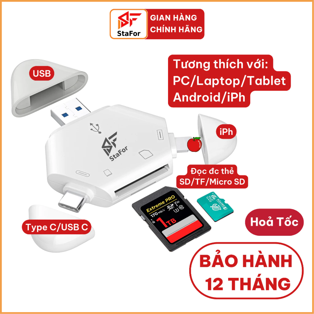 Đầu đọc thẻ nhớ 3 trong 1 cho điện thoại IPh, Android, PC, Mac, Laptop, đầu đọc thẻ nhớ đa năng 2in1, 3in1.
