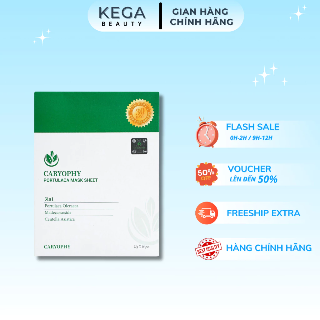 Hộp 10 Miếng Mặt Nạ Caryophy Portulaca Mask Sheet Hỗ Trợ Giảm Mụn Mờ Thâm 22ml