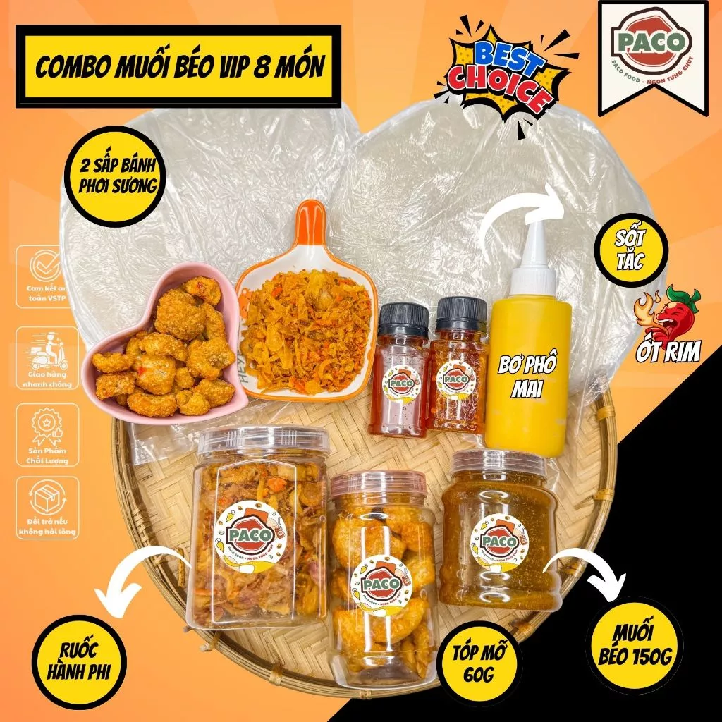 [MUỐI BÉO VIP 8 MÓN] combo bánh tráng phơi sương PACO FOOD kèm hủ muối béo ruốc hành phi ăn kèm bơ phô mai+tóp mỡ+2 sốt