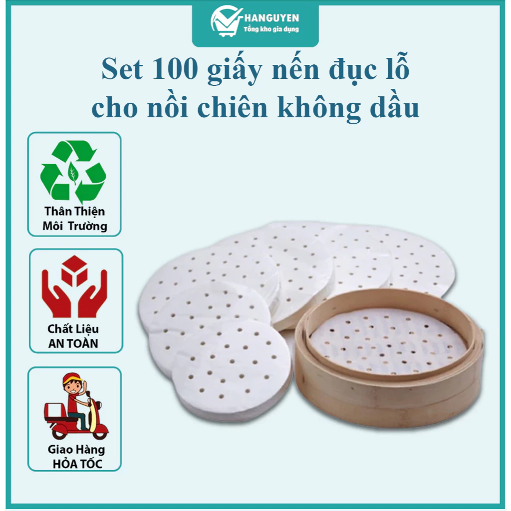 Set 100 giấy nến đục lỗ cho nồi chiên không dầu - lót nướng bánh, bánh bao tiện lợi