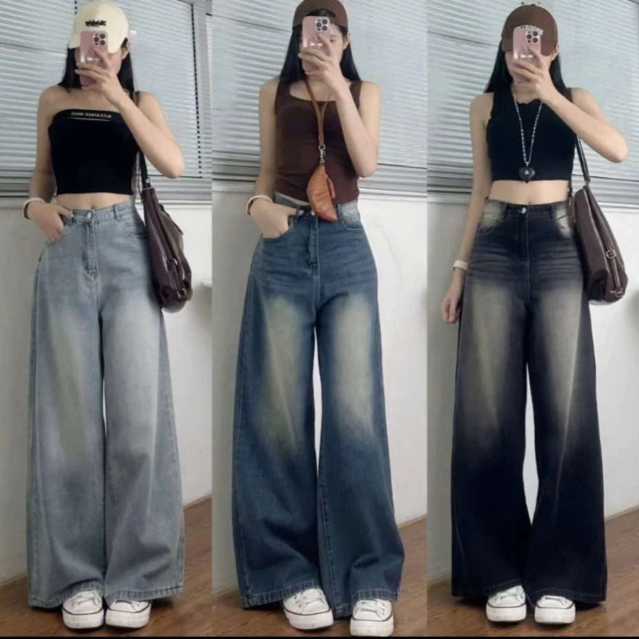 Quần jean nữ ống rộng, quần baggy nữ ống suông basic chất demin cạp cao thời trang Bi shop173 ms072