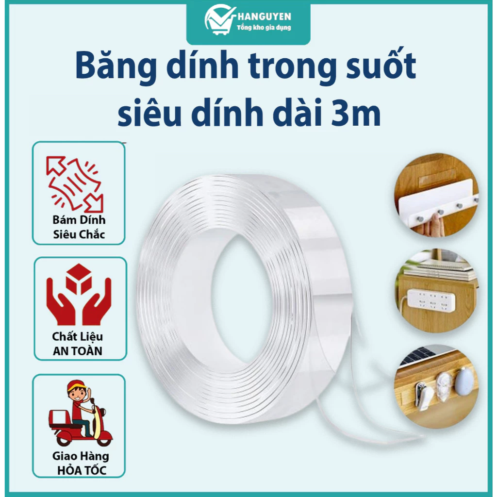 Băng dính trong suốt siêu dính dài 3m - dán chắc chắn, tiện dụng đa năng