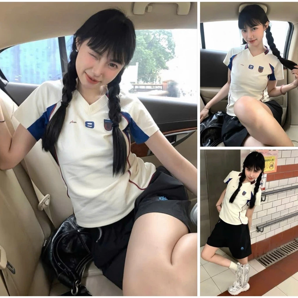 Áo thun babytee nữ ngắn tay form fit cổ V viền rót tay số 9 Áo phông nữ chất cotton dày dặn tôn dáng cá tính