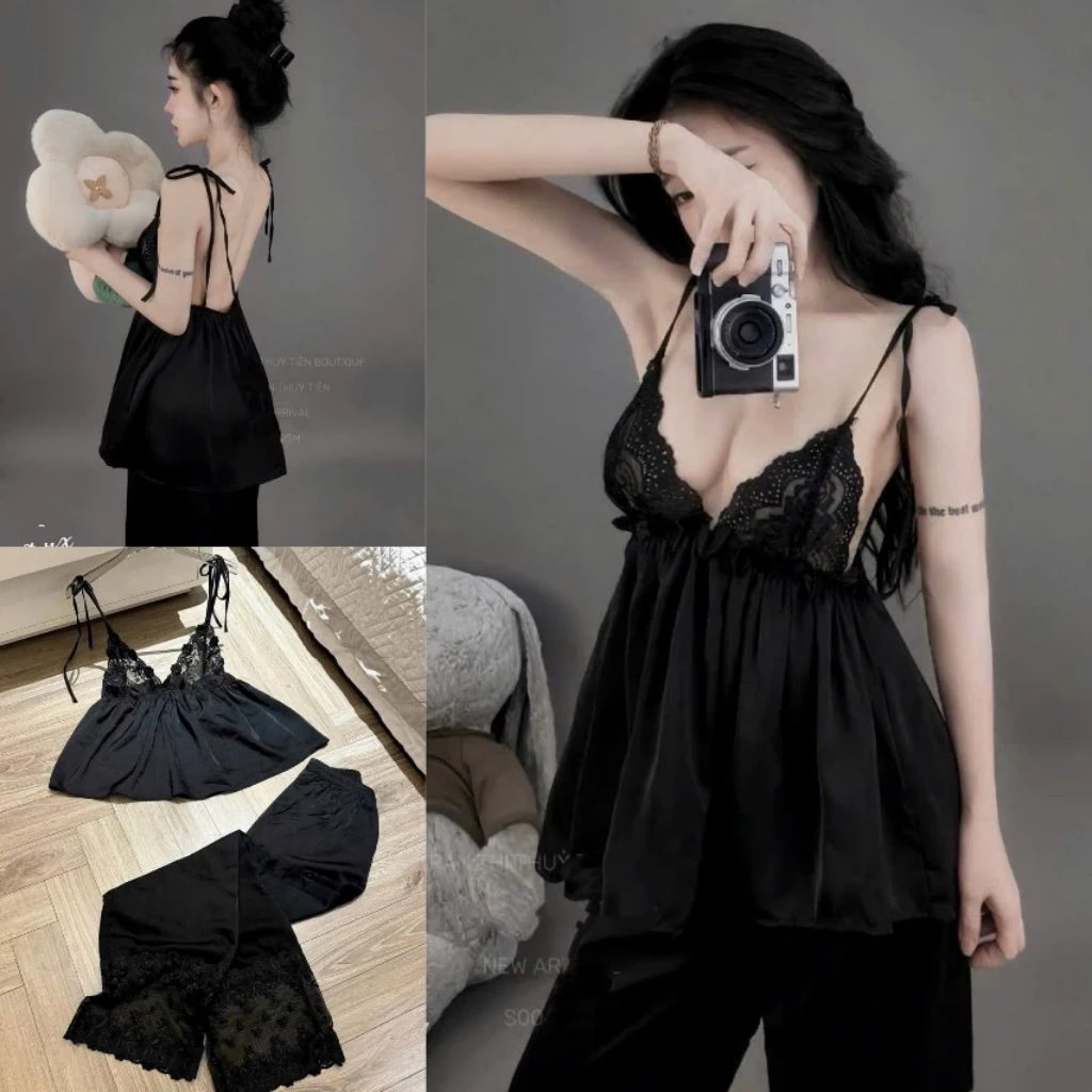 Set Bộ Áo Dây Ren Satin Phối Quần Suông Dài Ren