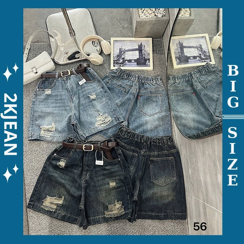 Quần short ngố jean nữ rách đùi bigsize 55-85kg, quần ngố lửng rách cạp lưng thun QC56 2KJeans
