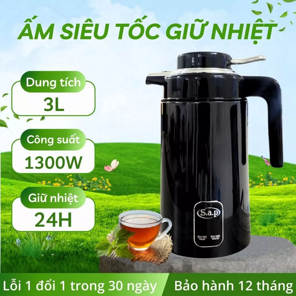 Ấm siêu tốc giữ nhiệt SAP ST21 dung tích 3L, ấm đun nước giữ nhiệt 24 giờ bảo hành 12 tháng