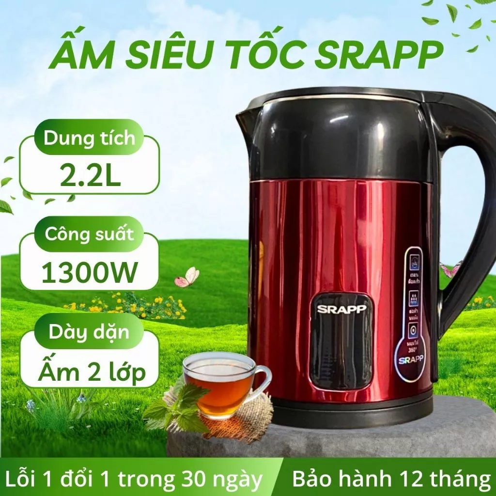 Ấm siêu tốc SRAPP ST304 dung tích 2.2L, chất liệu Inox 2 lớp, ấm nhanh sôi tự ngắt cách nhiệt tốt