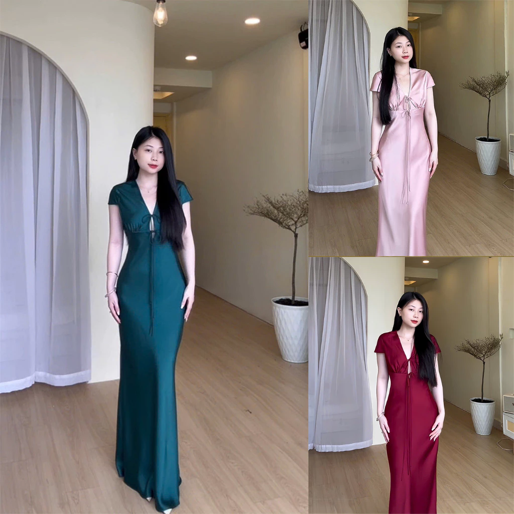 Đầm Lụa Cổ V Cột Dây Form Dài, Váy Lụa 1 Lớp Không Mút, Không Dây Kéo Sang Chảnh Tôn Dáng Gợi Cảm