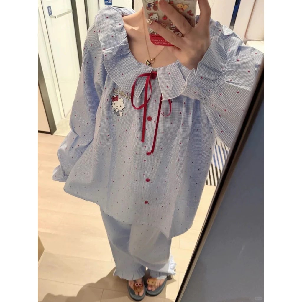 𝐂𝐡𝐚𝐫𝐥𝐨𝐭𝐭𝐞.𝐨𝐝_ Set Bộ Ngủ Dài Tay Kitty Xanh Cổ Nơ Dễ Thương