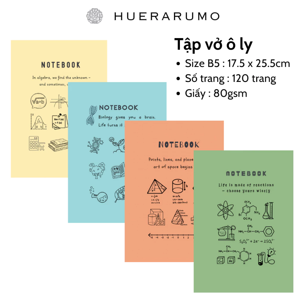 Vở Ô Ly B5 120 Trang HUERARUMO – Giấy 80gsm Bìa Môn Học Sáng Tạo – vở học sinh, vở ghi chép