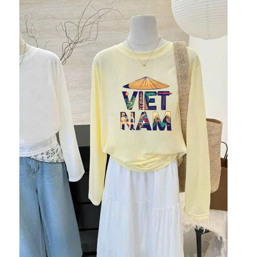 Áo thun nữ Dài Tay cotton xược giấy in hình Việt Nam 2-9, Hà Nội, Sài Gòn menina_studio, áo dài tay thun giấy form rộng