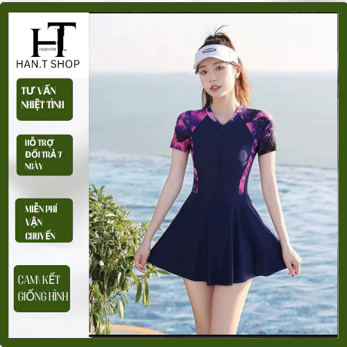 DB073 TNH  [Size M,L,XL]Bikini đồ bơi đi biển một mảnh dây kéo đen phối xám form váy có quần bảo hộ  HAN.T SHOP