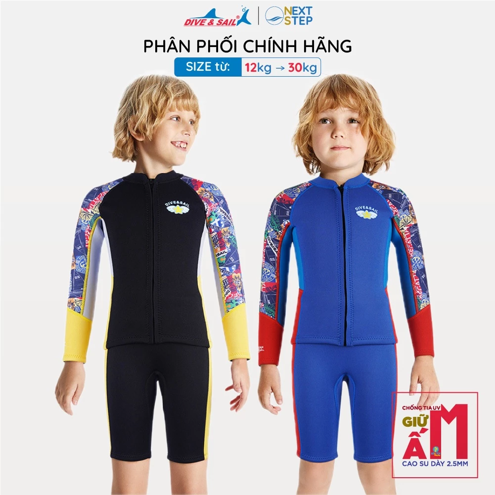 Đồ bơi giữ nhiệt bé trai DIVE AND SAIL size 12-30kg, cao su dày 2.5mm giữ ấm chống nắng ngăn tia UV