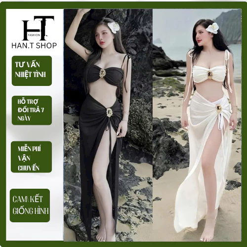 [ BKN 979 ]Bikini đồ bơi đi biển set ba món HAI TANG VÀNG chất ren mềm sang xịn