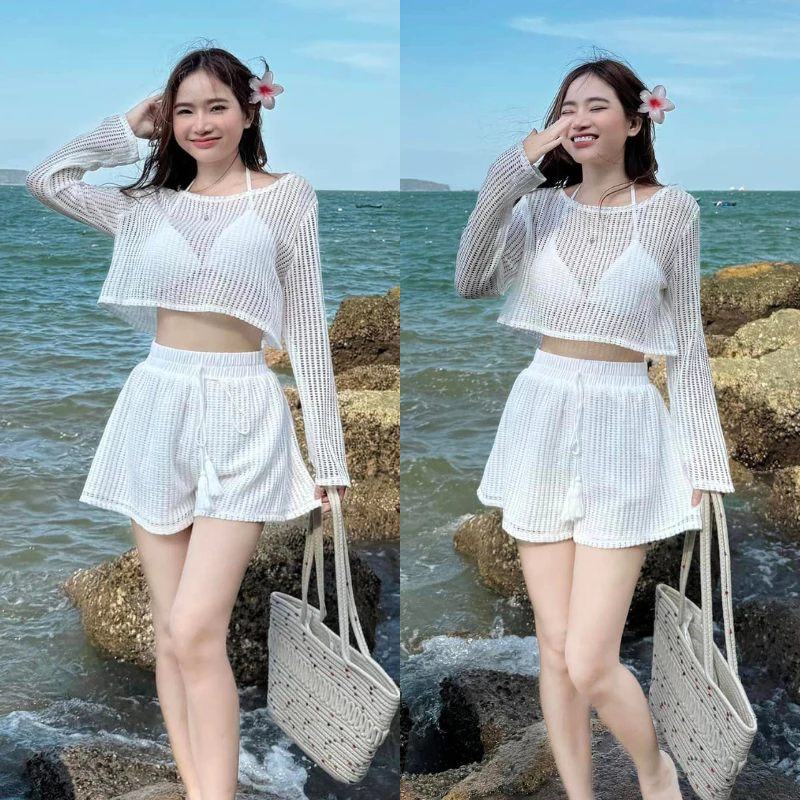Set Đồ Bơi 3 Món Đi Biển, Áo Ren Lưới Croptop Dài Tay Mix Áo Bra Có Đệm Ngực Kèm Quần Đùi 2 Lớp Che Khuyết Điểm Tốt MS91
