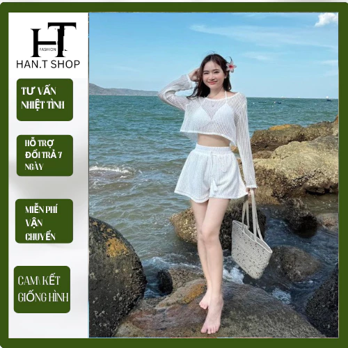 BIKINI, ĐỒ BƠI đi biển thời trang,3 chi tiết áo bra có mút quần short kèm áo KHOÁC REN LỖ tay dài chuẩn hình BiKiNi HANT