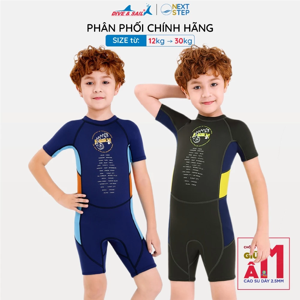 Đồ bơi giữ nhiệt bé trai Dive and Sail size 12-30kg, cao su dày 2.5mm giữ ấm ngăn tia UV hiệu quả