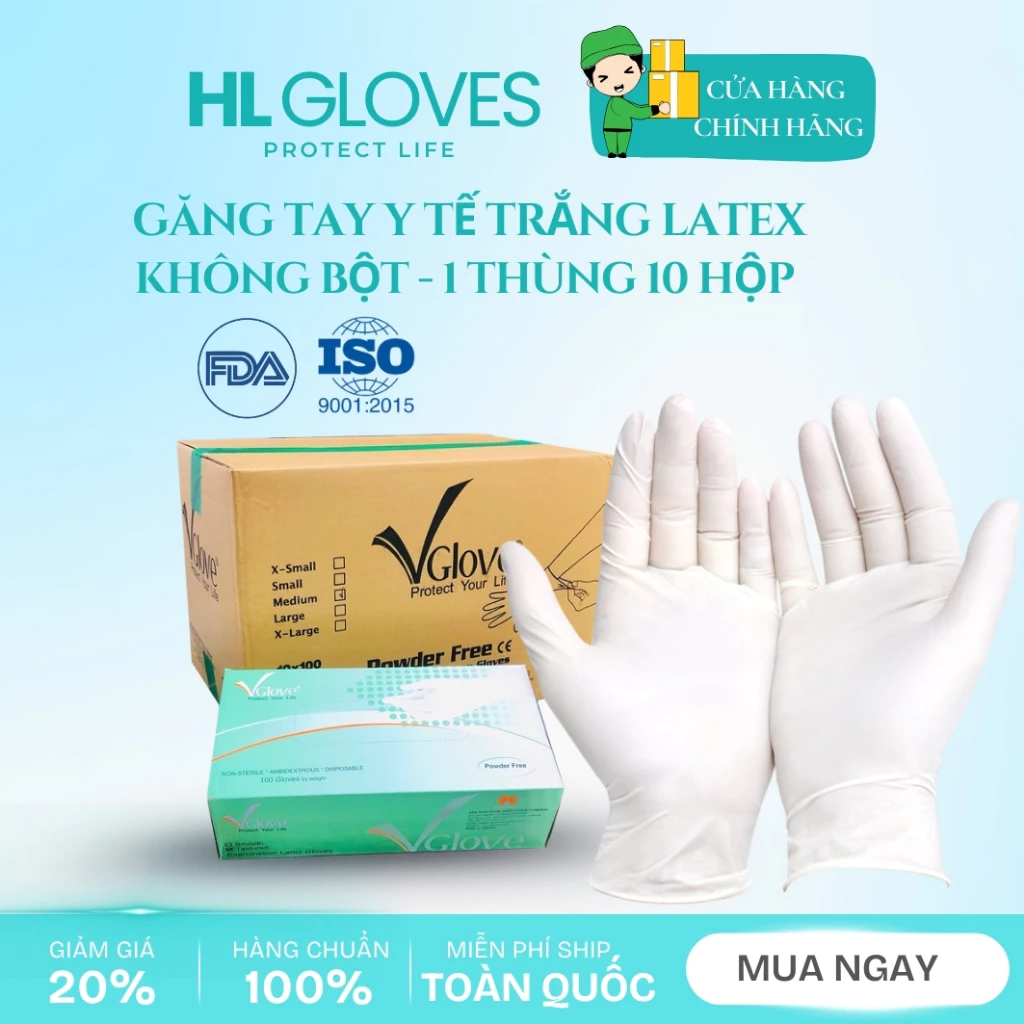 Thùng 10 Hộp Găng Tay Y Tế Latex Không Bột VGloves Màu Trắng