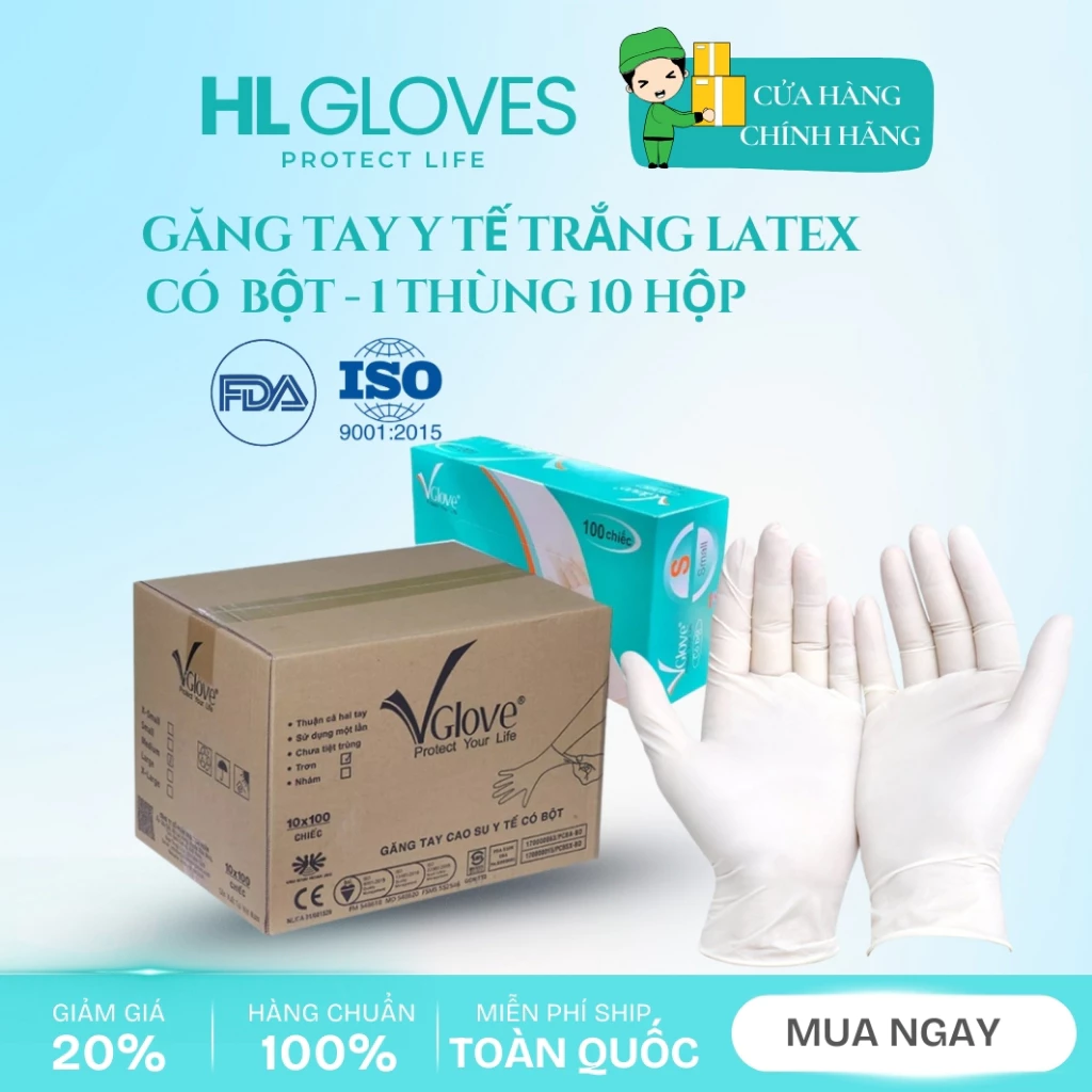 Thùng 10 Hộp Găng tay cao su y tế có bột Màu Trắng (10 Hộp)