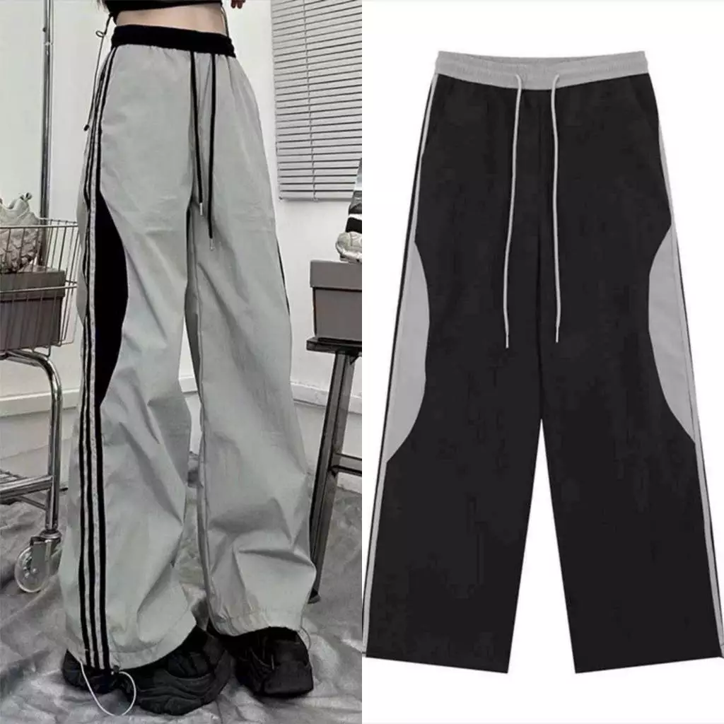 Quần Jogger ống rộng chất dù nhăn lưng thun có dây rút PHỐI SỌC VIỀN màu ĐEN/XÁM form Nam Nữ Unisex
