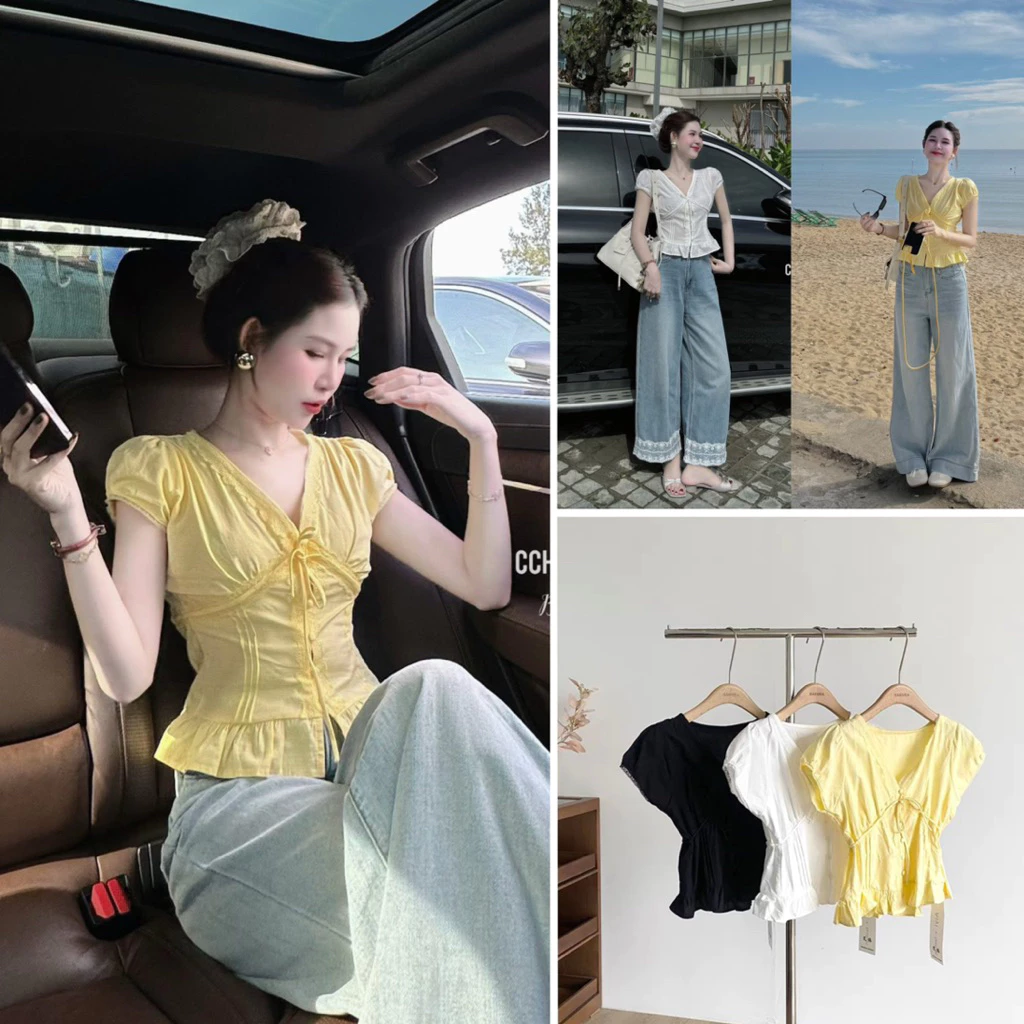 [Hàng QC sẵn] Áo thô cổ V cúc bọc viền ren ERI TOP