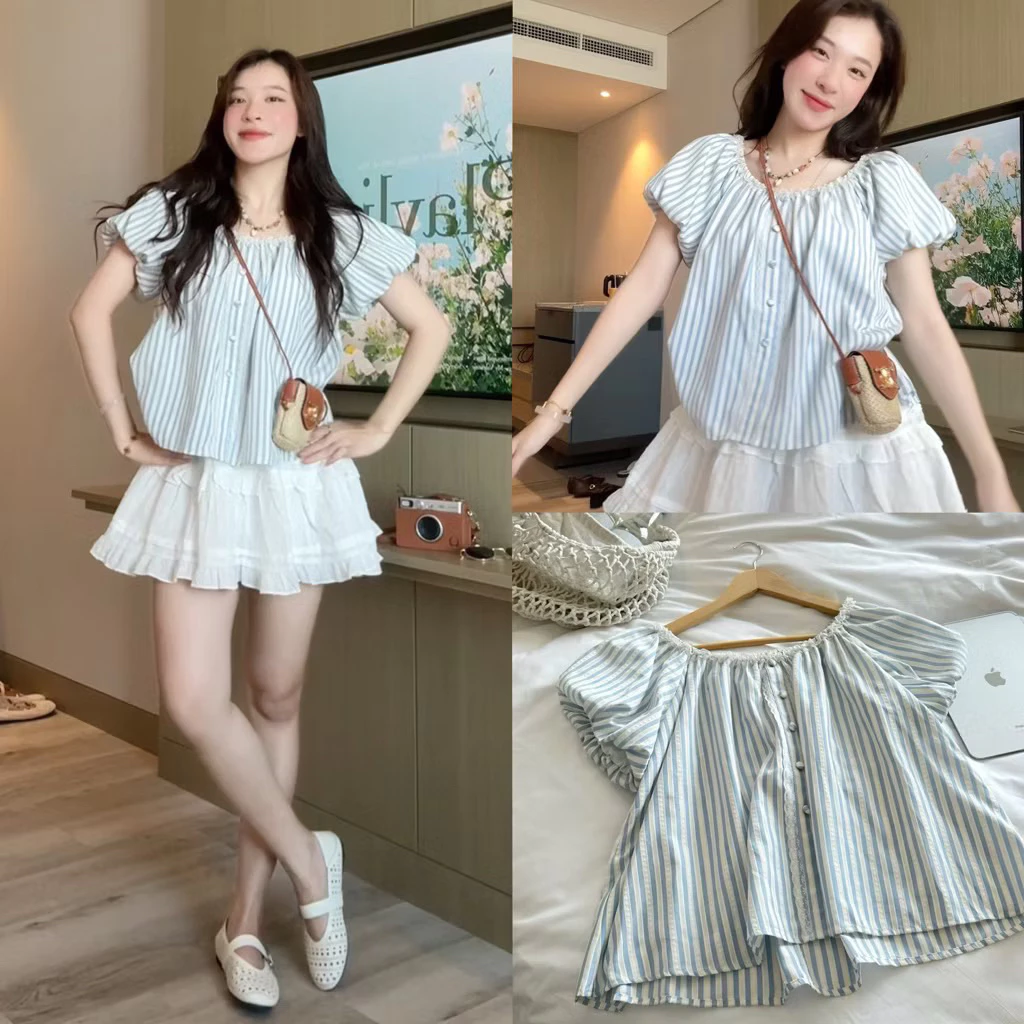 [HÀNG SẴN] Áo babydoll trễ vai/cổ vuông tay bồng kẻ sọc xanh ZINA TOP 3130