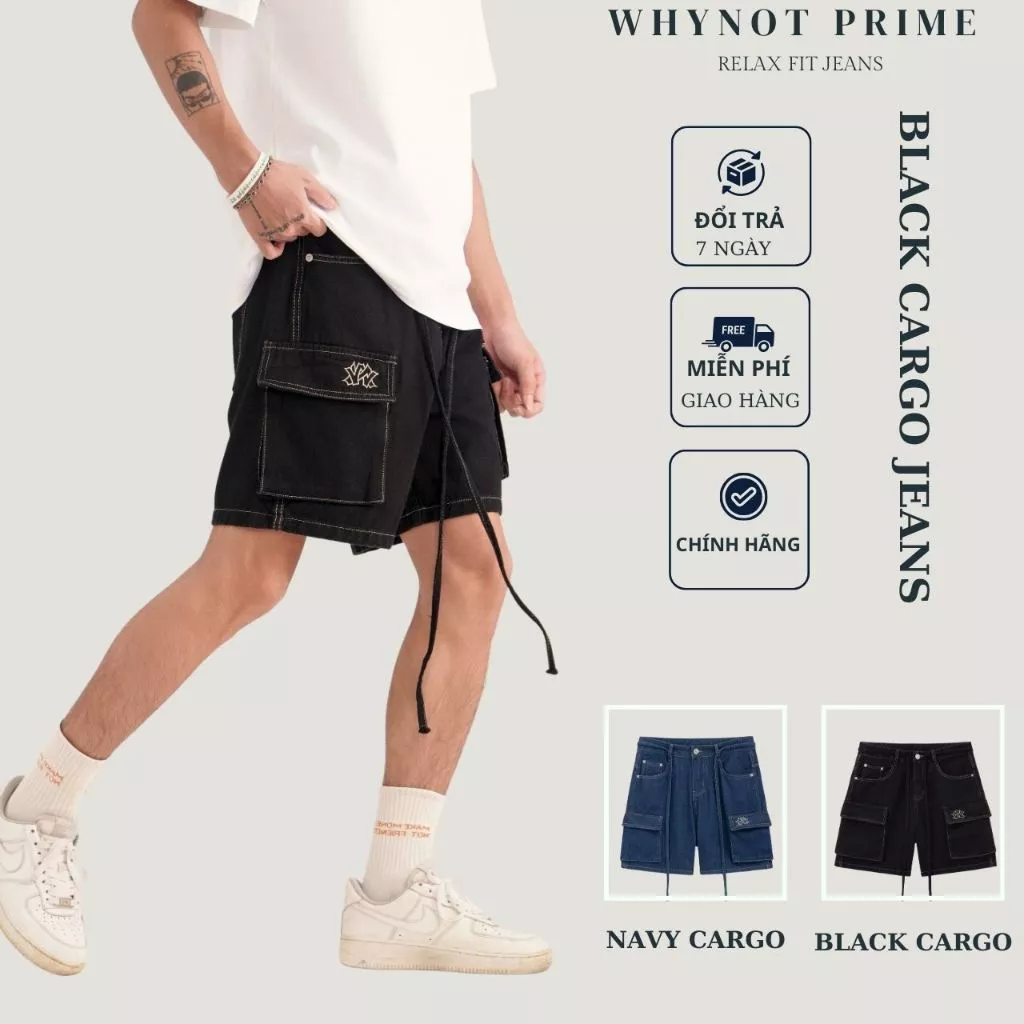 Quần Short Túi Hộp Nam Cargo Short Form Trên Gối WN PRIME | Quần Đùi Nam Túi Hộp Màu Đen Có BigSize