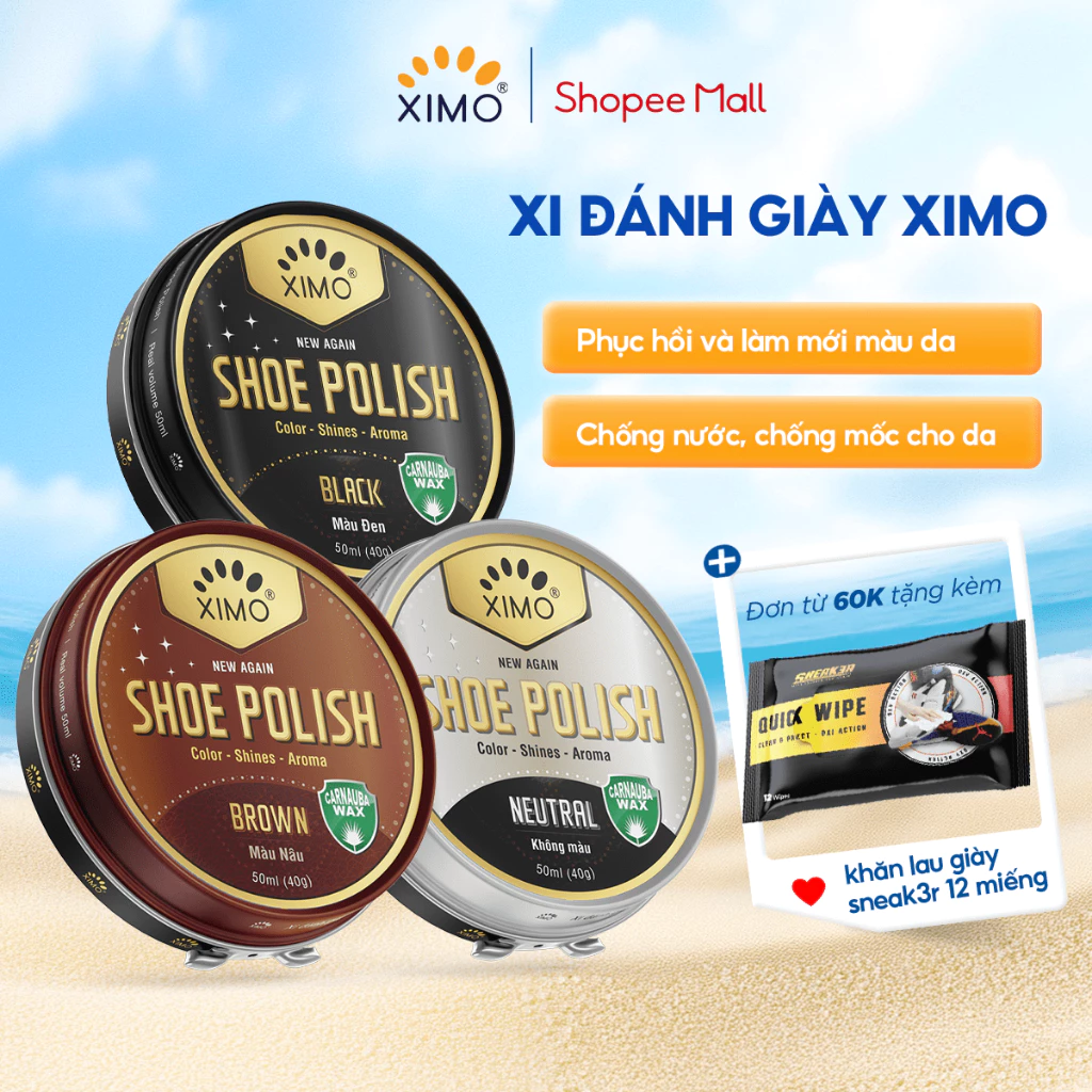 Xi đánh giày XIMO Shoe Polish dạng sáp, Làm bóng, Không màu, Màu đen, Màu nâu cho đồ da XXI08 50ml