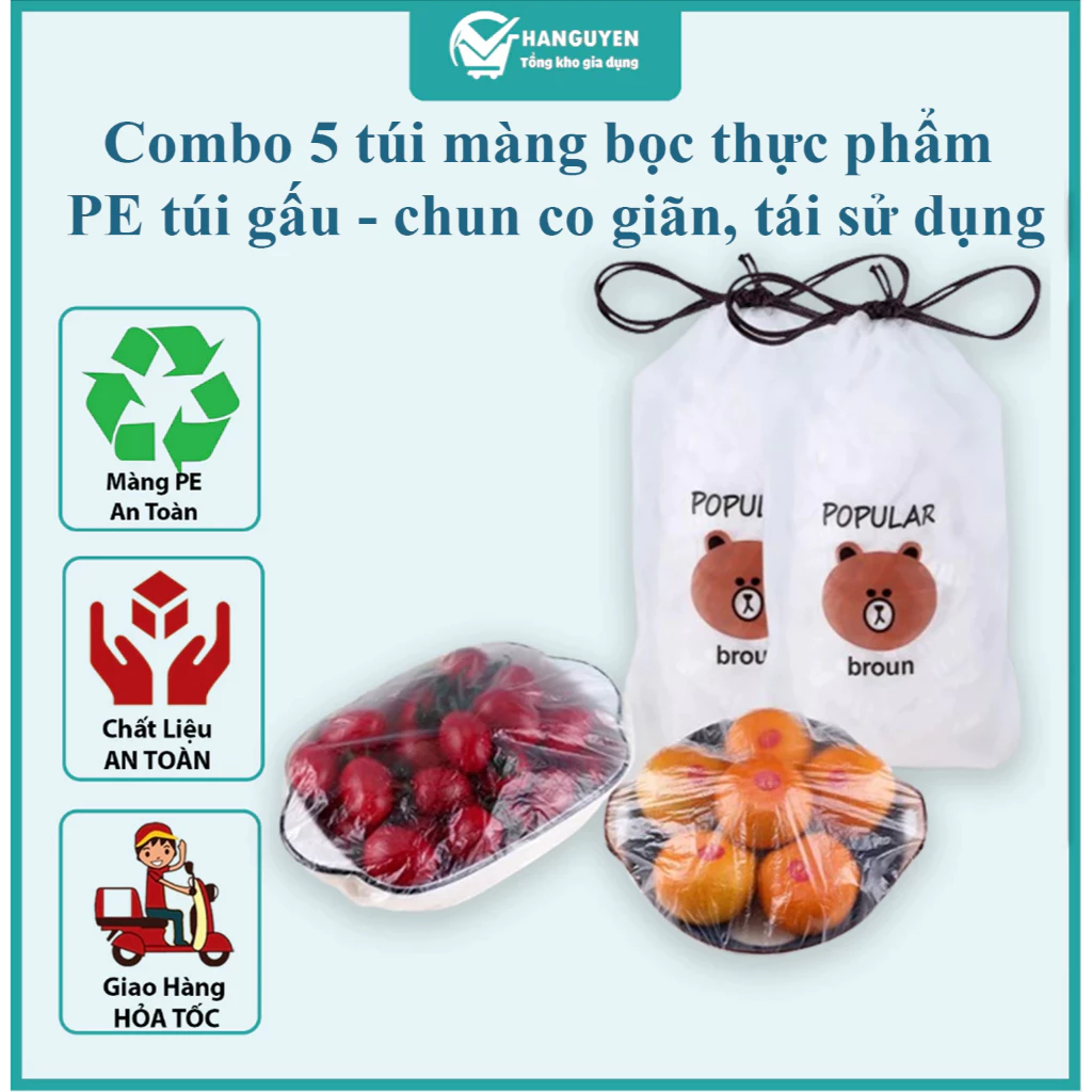 Combo 5 túi màng bọc thực phẩm PE túi gấu - có chun co giãn, tái sử dụng tiện lợi