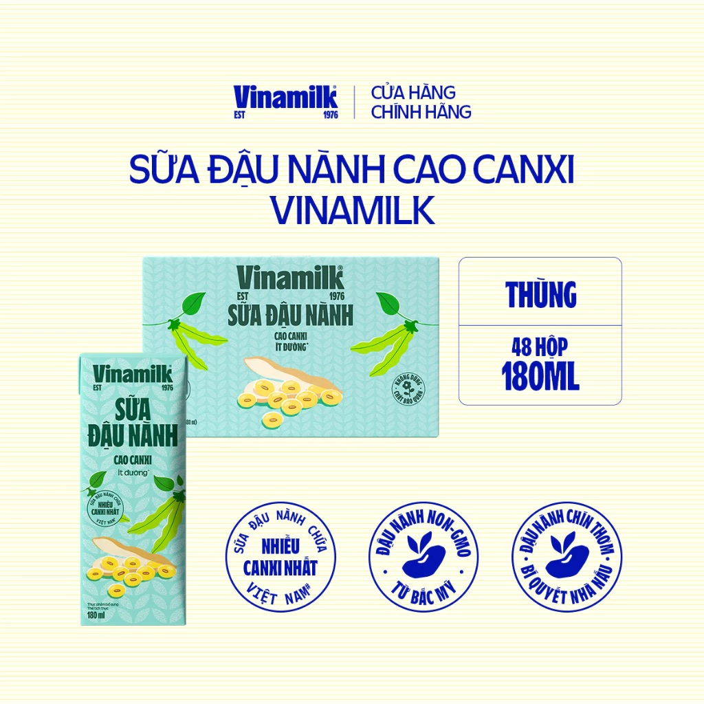 Sữa đậu nành cao canxi Vinamilk - Thùng 48 hộp 180ml