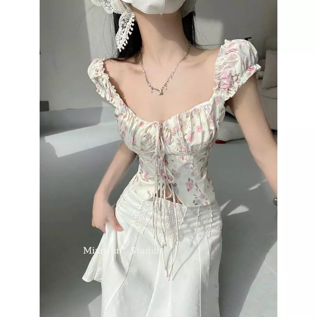 732 [Có Mút] Áo Kiểu Nữ Tay Phồng Cột Nơ Bo Chun Vải Đũi Linin Tiểu Thư Mùa Hè