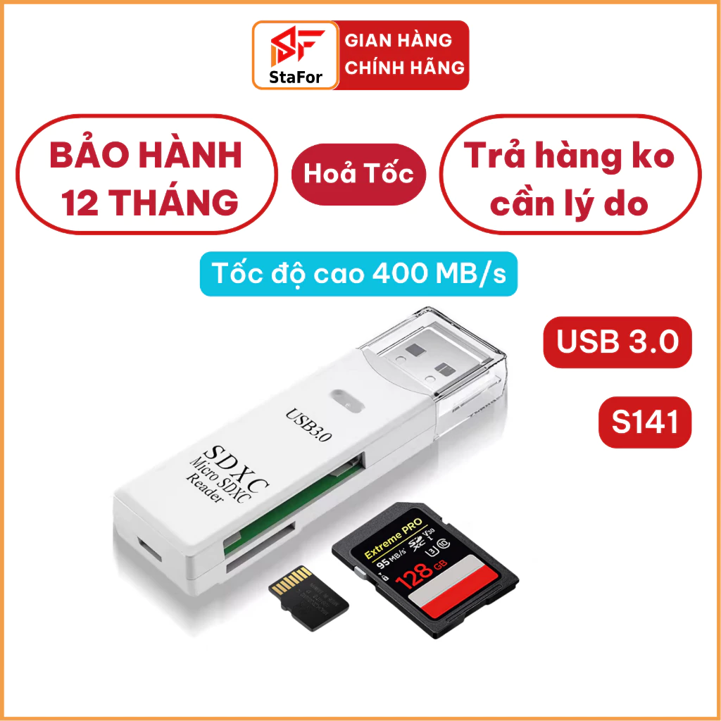 Đầu đọc thẻ USB 3.0 Type C 3.0 tốc độ cao truyền tải lên đến 400 MB/s. Bảo hành 12 tháng, trả hàng hoàn tiền 100%.