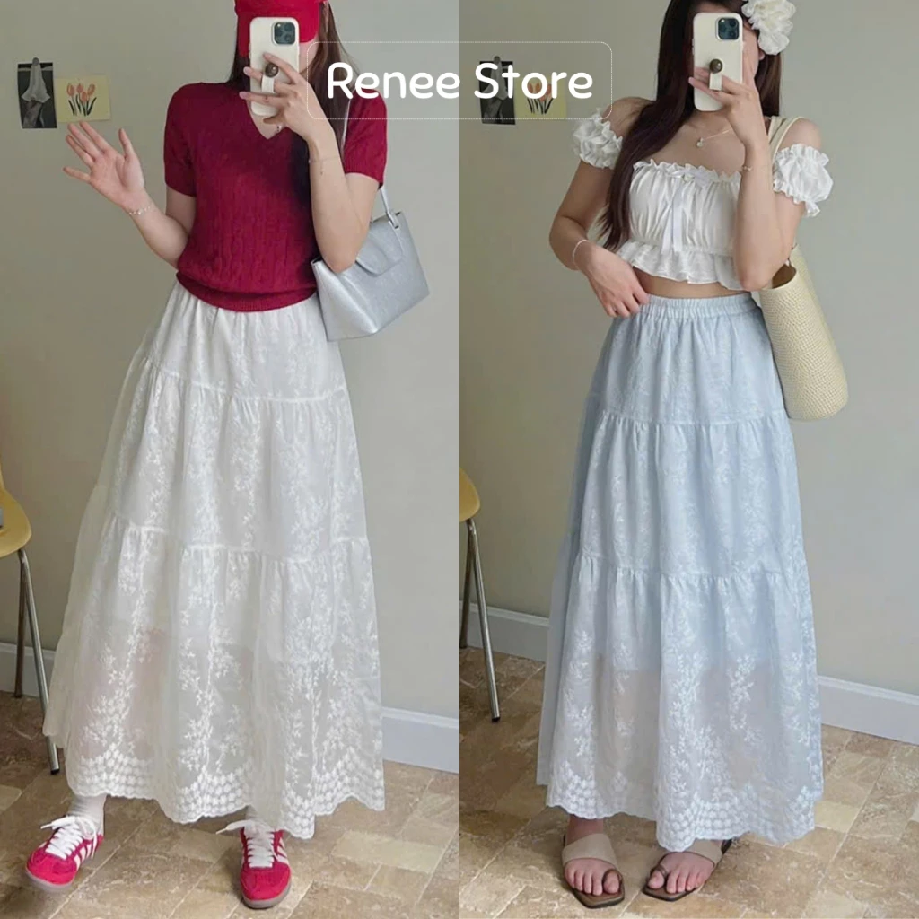 (ẢNH THẬT) Chân váy midi 3 tầng họa tiết hoa Willow, váy dài 3 tầng dáng xòe cạp chun Renee Store - V3185