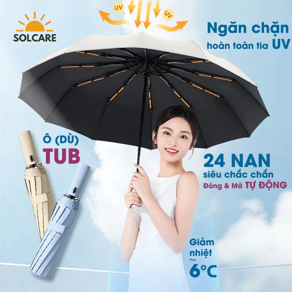 Ô Dù tự động TUB che mưa đi nắng 24 NAN cao cấp Gấp gọn Đóng Mở tự động cho Ô Tô Xe Hơi Du Lịch