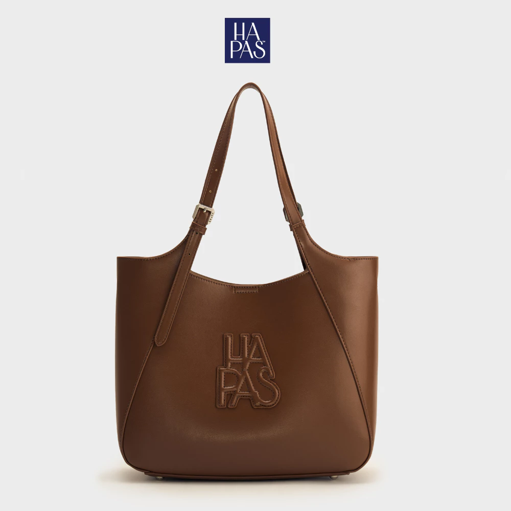 Túi Tote Camel Nâu HAPAS Dập Nổi Cỡ Lớn Size 33 - TOT250697-BR