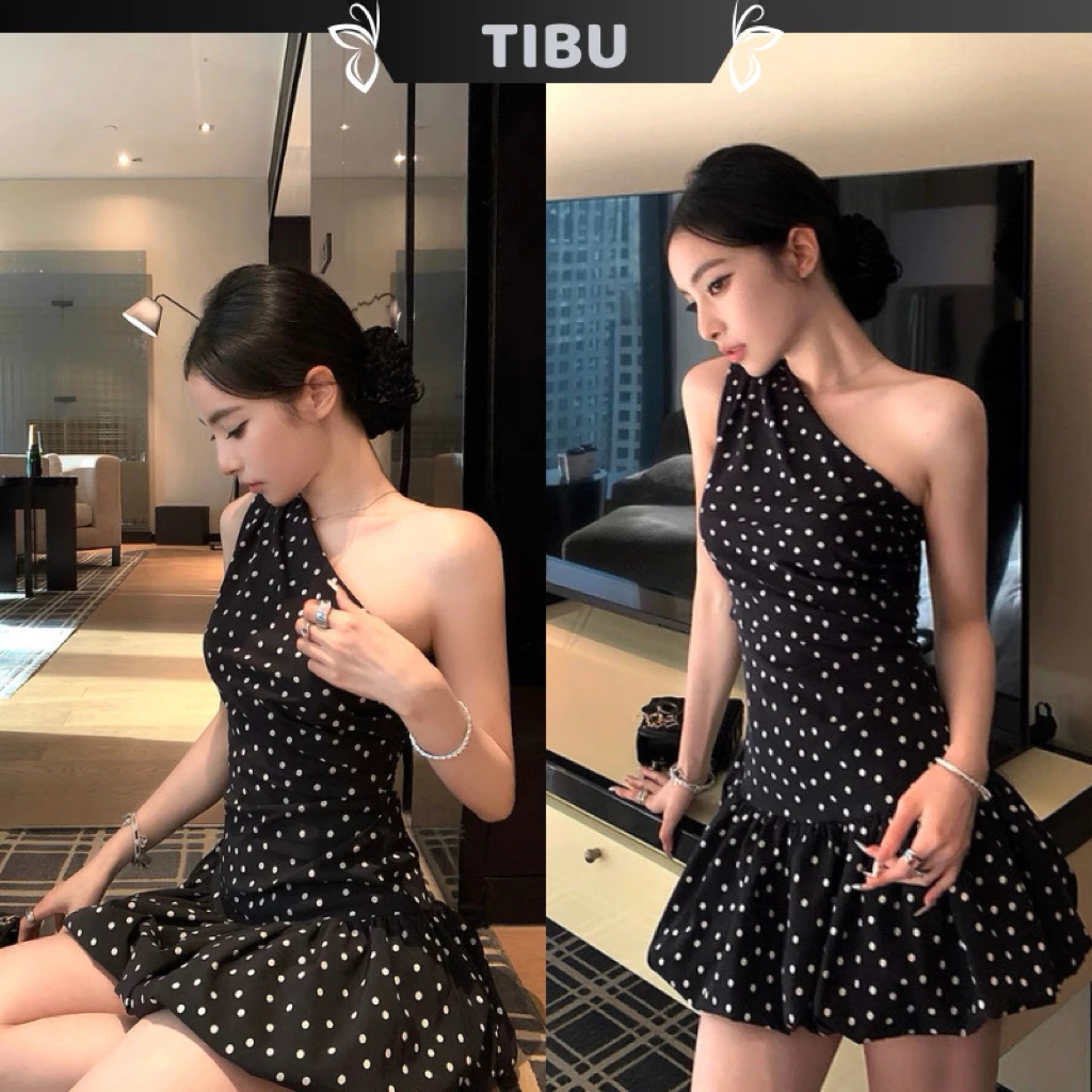 Đầm Lệch Vai Dáng Bi Chấm Bi TIBU Đầm Nữ Hở Lưn Đi Chơi Dạo Phố Dễ Thương D527