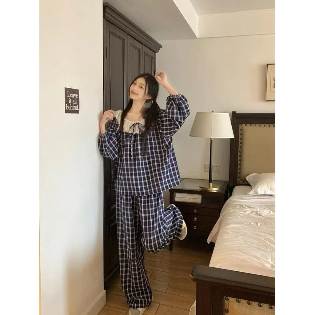 [SẴN] 469_ Bộ ngủ, pijama nữ dài tay chất cotton kẻ caro cổ bèo nhiều màu | QCCC | 9scat