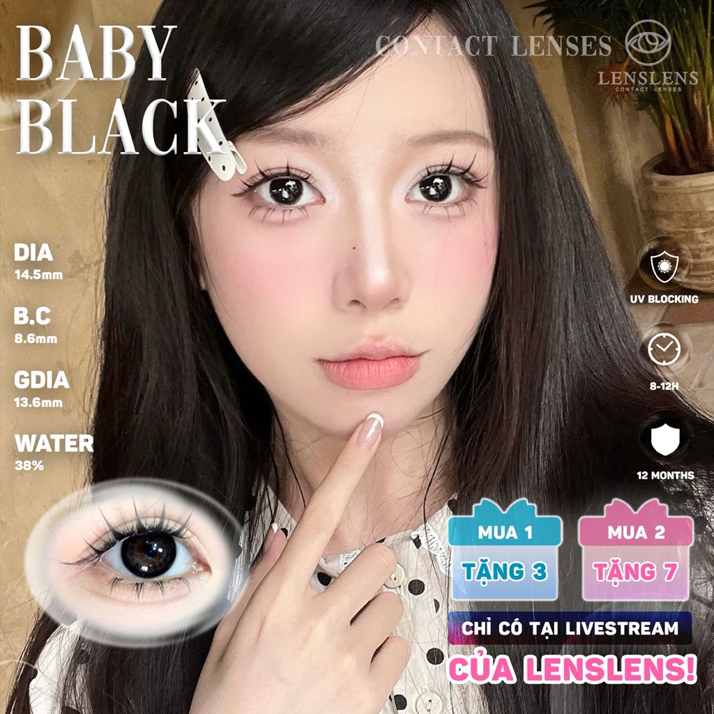 Lens Mắt Kính Áp Tròng Đen To Tròn Tự Nhiên Baby Black 14.5mm ( Độ giãn thực tế sẽ nhỏ như các mẫu Dia 14.2mm)