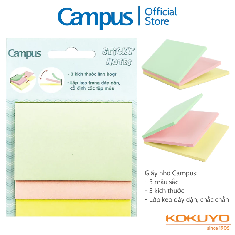 Giấy Ghi Chú 3 Kích Thước Kokuyo Campus giấy ghi nhớ note dán được 3 màu