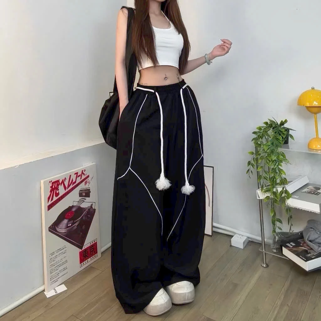 Quần ống rộng nữ nam thể thao, quần jogger vải dù mí thân quần unisex, cạp cao suông dài phối dây rút style