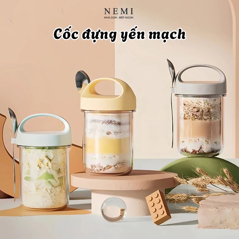 Cốc đựng yến mạch kèm thìa NEMI, Hũ đựng ngũ cốc ăn sáng, sữa chua 430ml, bình thủy tinh có nắp đậy kín