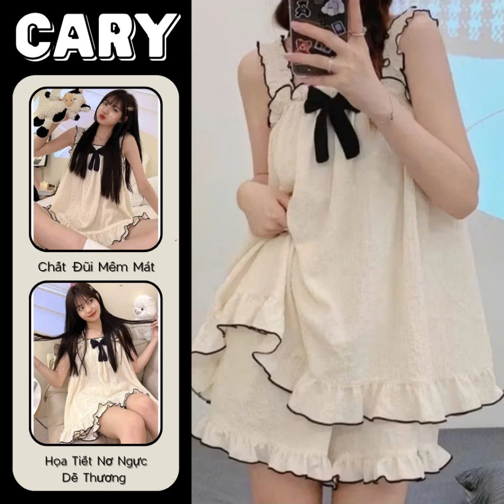 Đồ bộ mặc nhà, đồ ngủ nữ 2 dây, bộ đồ ngủ pijama đùi phối nơ ngực dễ thương chất đũi xốp mềm mát CARY